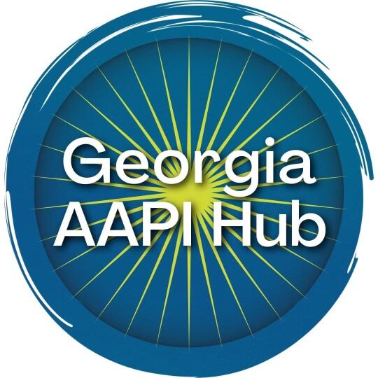 Logo with white background and blue circle in the center reading "Georgia AAPI Hub"